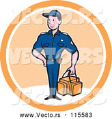 Vector of Happy Cartoon Paramedic Guy with a First Aid Kit in a White and Orange Circle by Patrimonio