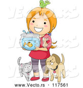 Vector of Happy Cartoon Red Haired Girl with Her Pets by BNP Design Studio