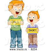 Vector of Happy Cartoon School Boys Holding 'Tall' and 'Short' Flash Cards by BNP Design Studio
