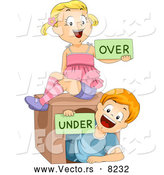Vector of Happy Cartoon School Kids Holding 'Over' and 'Under' Flash Cards by BNP Design Studio