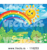 Vector of Happy Cartoon Sun Peeking over a Magical Rainbow over a Path and Forest by Visekart