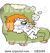 Vector of Happy Cartoon White Boss Dog Smoking a Cigar in a Green Arm Chair by Johnny Sajem