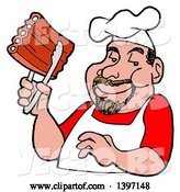 Vector of Happy Cartoon White Male BBQ Chef Holding Ribs with Tongs by LaffToon