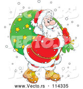 Vector of Happy CartoonWhite Santa Claus Carrying Sack in the Snow, over a Green Circle by Alex Bannykh