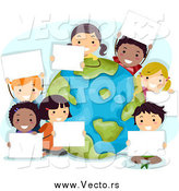 Vector of Happy Diverse Kids Holding Signs Around a Globe on Earth Day by BNP Design Studio