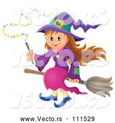 Vector of Happy Halloween Witch Girl Sitting on a Broom and Holding a Magic Wand by Visekart