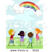 Vector of Happy Kids Looking at a Magical Rainbow in a Sky with Clouds by BNP Design Studio