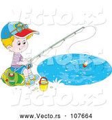 Vector of Happy Little White Boy Sitting on a Bag and Fishing by Alex Bannykh