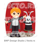Vector of Happy Magician Boy Presenting a Rabbit in a Hat on a Stage by BNP Design Studio
