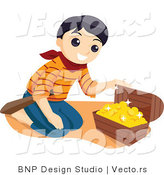 Vector of Happy Pirate Boy Looking at Treasure Chest Full of Gold by BNP Design Studio