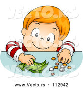 Vector of Happy Red Haired White Boy Putting Coins and Cash Money on a Table by BNP Design Studio