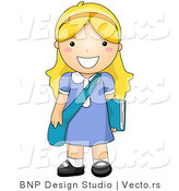 Vector of Happy School Girl Standing with Shoulder Bag and Book by BNP Design Studio