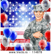 Vector of Happy White Military Veteran Man over an American Flag and Balloons by AtStockIllustration