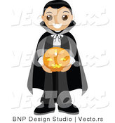 Vector of Happy Young Boy Wearing Vampire Costume and Holding Pumpkin by BNP Design Studio