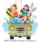 Vector of Happy Young Men and Women Driving to the Beach in a Jeep by BNP Design Studio