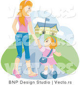 Vector of Happy Young Mom Walking with Her Daughter to School by BNP Design Studio