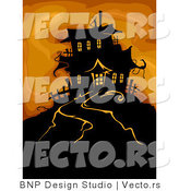 Vector of Haunted House on a Hill over Spooky Orange Background by BNP Design Studio