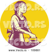 Vector of House Wife or Maid Ironing Laundry in a Yellow and Purple Circle by Patrimonio