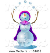 Vector of Jolly Snowman Wearing a Purple and Pink Cape and Hat, Looking Upwards and Juggling Snowballs by Tonis Pan