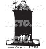 Vector of Judge Holding a Gavel at a Podium in Front of Tiny People Black and White Woodcut by Xunantunich