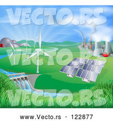 Vector of Landscape of Wind Turbine Nuclear Fossil Fuel Coal Solar Panels and Hydro Electric Power Generation Plants by AtStockIllustration