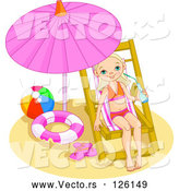 Vector of Little Girl Drinking Water and Relaxing Under a Beach Umbrella by Pushkin
