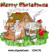 Vector of Merry Christmas Greeting over Chickens a Cow and Pig Using a Smoker at a Bbq Shack by LaffToon