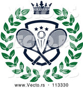 Vector of Navy Blue Crown over a Tennis Ball and Racket Shield in a Green Wreath by Vector Tradition SM