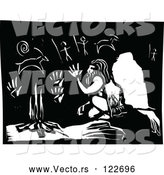 Vector of Neanderthal Warming up by a Fire in a Cave with Drawings Black and White Woodcut by Xunantunich