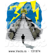 Vector of Nervous Person at the Bottom a Long Stretch of Stairs with a Bank President at the Top, Surrounded by Lightning by Andy Nortnik