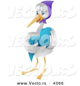 Vector of Nurturing Cartoon Stork Cradling a Baby in a Blue Blanket by BNP Design Studio