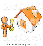 Vector of Orange Business Guy Holding a Skeleton Key and Standing in Front of a House with a Coin Slot and Keyhole by Leo Blanchette