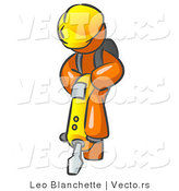 Vector of Orange Construction Worker Guy Wearing a Hardhat and Operating a Yellow Jackhammer While Doing Road Work by Leo Blanchette