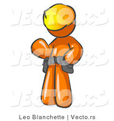 Vector of Orange Construction Worker Wearing Hardhat and Tool Belt While Waving Hello by Leo Blanchette