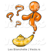 Vector of Orange Genie Guy Emerging from a Golden Lamp with Question Marks by Leo Blanchette