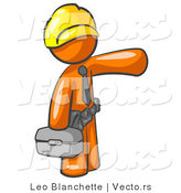 Vector of Orange Guy, a Construction Worker, Handyman or Electrician, Wearing a Yellow Hardhat and Tool Belt and Carrying a Metal Toolbox While Pointing to the Right by Leo Blanchette