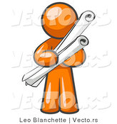 Vector of Orange Guy Architect Carrying Rolled Blue Prints and Plans by Leo Blanchette