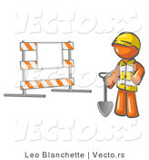Vector of Orange Guy Construction Worker in a Yellow Vest and Hardhat, Holding a Shovel and Standing by a Road Block Sign by Leo Blanchette