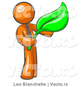 Vector of Orange Guy Holding a Green Leaf, Symbolizing Gardening, Landscaping or Organic Products by Leo Blanchette