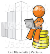 Vector of Orange Guy Sitting on Coins and Using a Laptop by a Bar Graph by Leo Blanchette