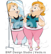 Vector of Overweight Woman Holding up a Shirt and Standing in Front of a Mirror by BNP Design Studio