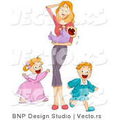 Vector of Overwhelmed Mother Holding Crying Baby While Son and Daughter Run Around Playing by BNP Design Studio