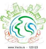 Vector of Pair of Hands Holding a Globe with Green Skyscrapers on Top 1 by Vector Tradition SM