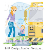 Vector of Proud Mother Walking Her Daughter to a School Bus by BNP Design Studio