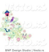 Vector of Purple and Blue Birds Resting on Vines Beside a Bird House by BNP Design Studio