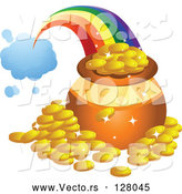 Vector of Rainbow Shooting from a Cloud and Landing Behind a Pot of Gold by BNP Design Studio