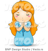 Vector of Red Haired Baby Girl on Her Knees, Praying to God with Rosary by BNP Design Studio