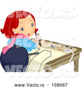 Vector of Red Haired Lady Looking Back While Creating a Sewing Pattern by BNP Design Studio