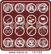 Vector of Red Medical Icons Collage: Dna, Molecules, Hospital Signs, Pills, Syringes, First Aid KChildren, Rx, Doctor Bag, Glasses, Stethoscopes, Thermometers, and Microscopes by AtStockIllustration
