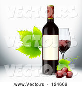 Vector of Red Wine Bottle with Grapevine Leaves and a Glass by Oligo